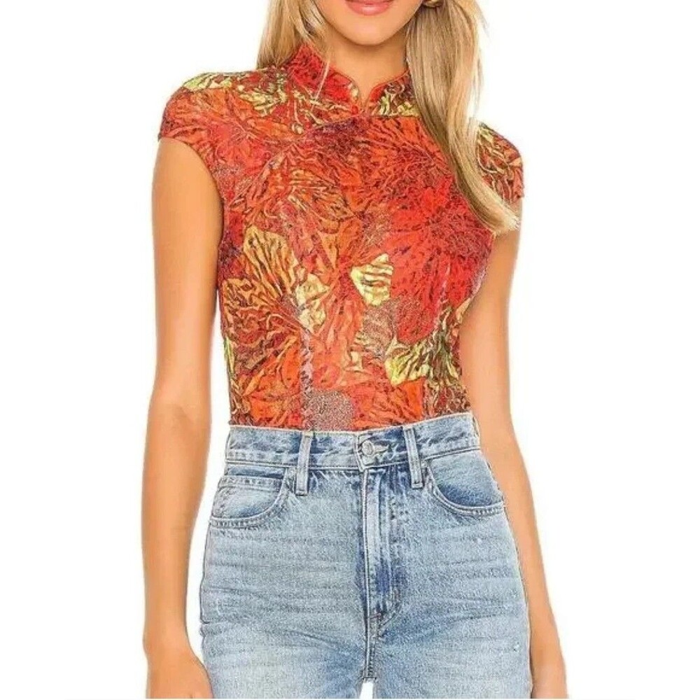 Kim Shui Red Orange Lace High Neck Shimmer Asian Top Metallic Button Geisha Smal